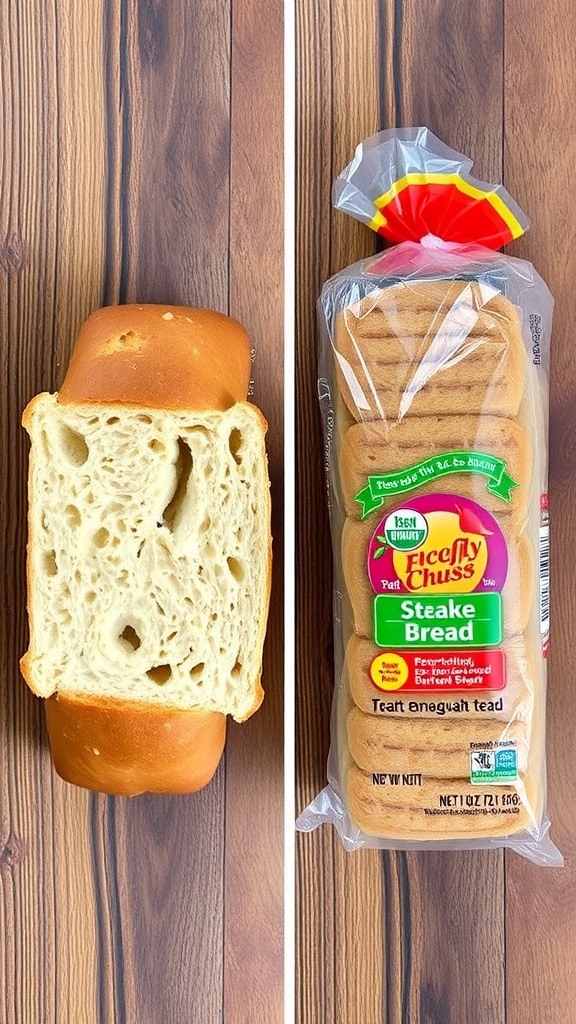 Comparison of homemade bread and store-bought bread on a wooden table.